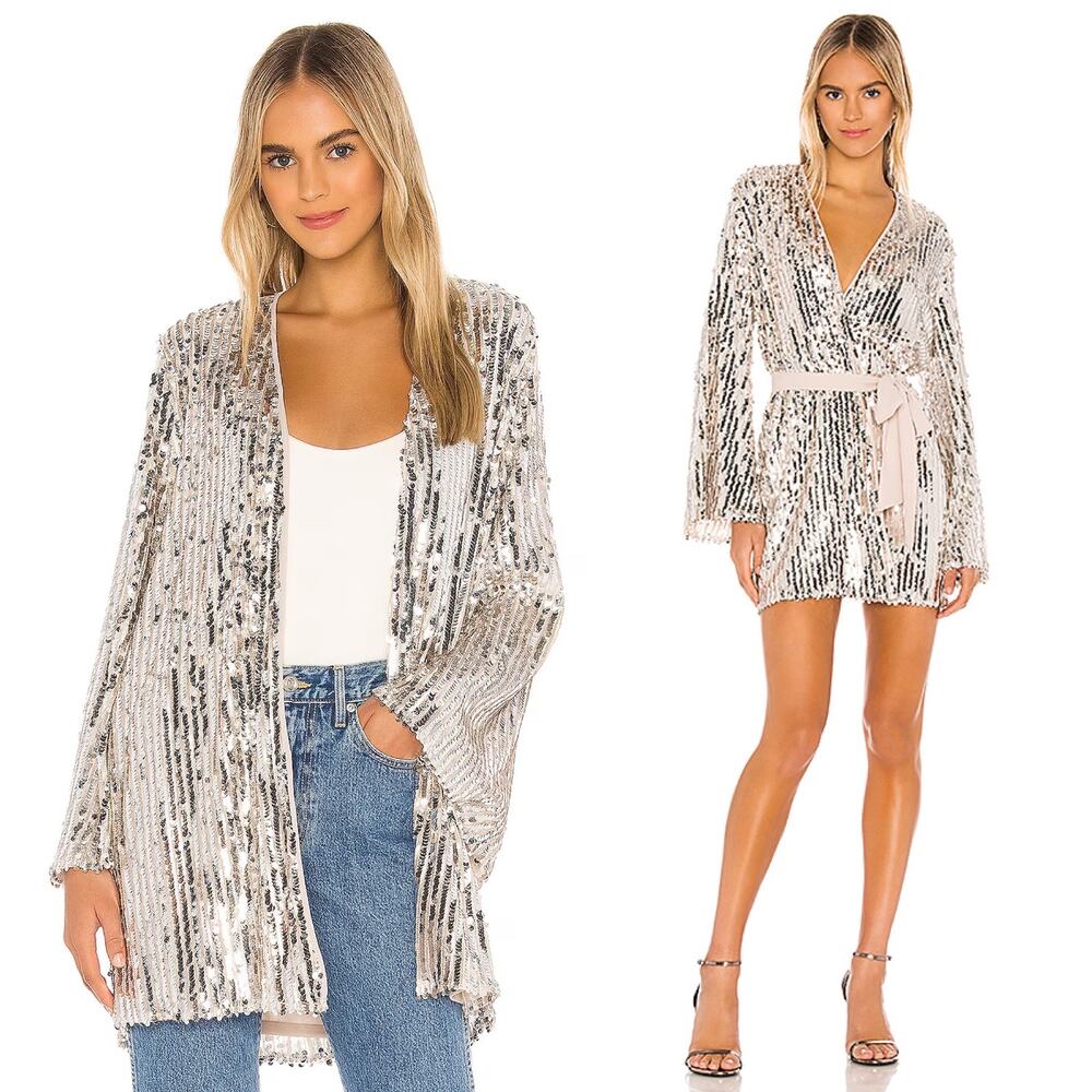Show Me Your Mumu Giselle Kimono Wrap Silver Sequin Party Mini Dress Small - Picture 3 of 12